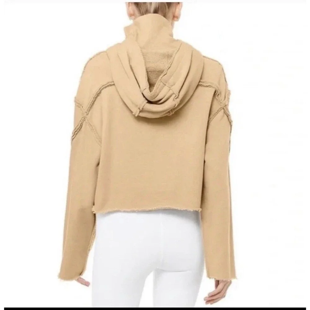 Alo Yoga Effortless Cropped Hoodie Womens Sz M Taupe Cotton Blend Raw Edge